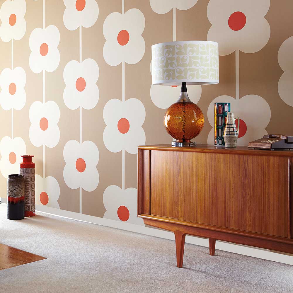 Giant Abacus Flower Wallpaper - Coral / Beige - by Orla Kiely