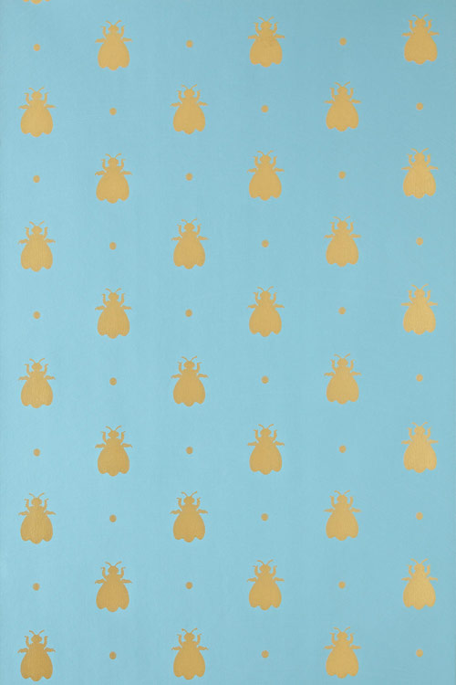 Bumble Bee Wallpaper - Metallic Gold / Sky Blue - by Farrow & Ball