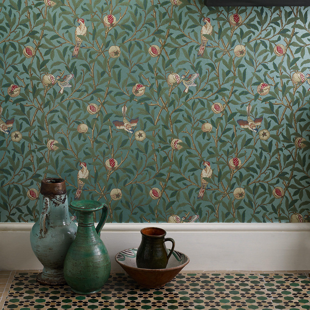 Bird & Pomegranate Wallpaper - Turquoise / Coral - by Morris