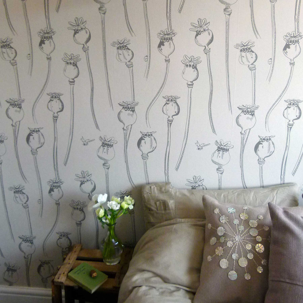 Poppy Pepper Pots Dormouse Wallpaper - Soft Grey / Pink - by Hubbard and Reenie