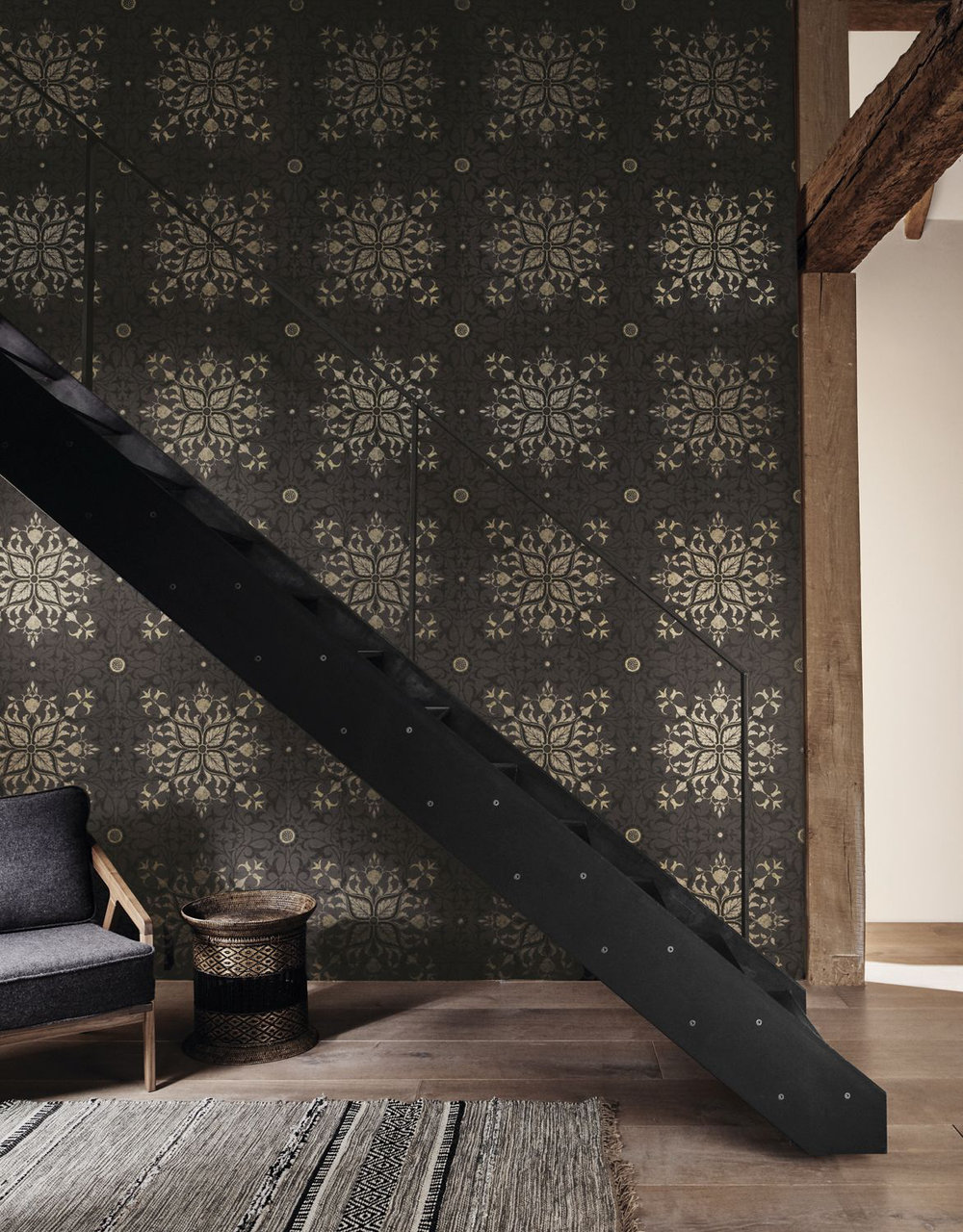 Pure Net Ceiling Wallpaper - Charcoal / Gold - by Morris