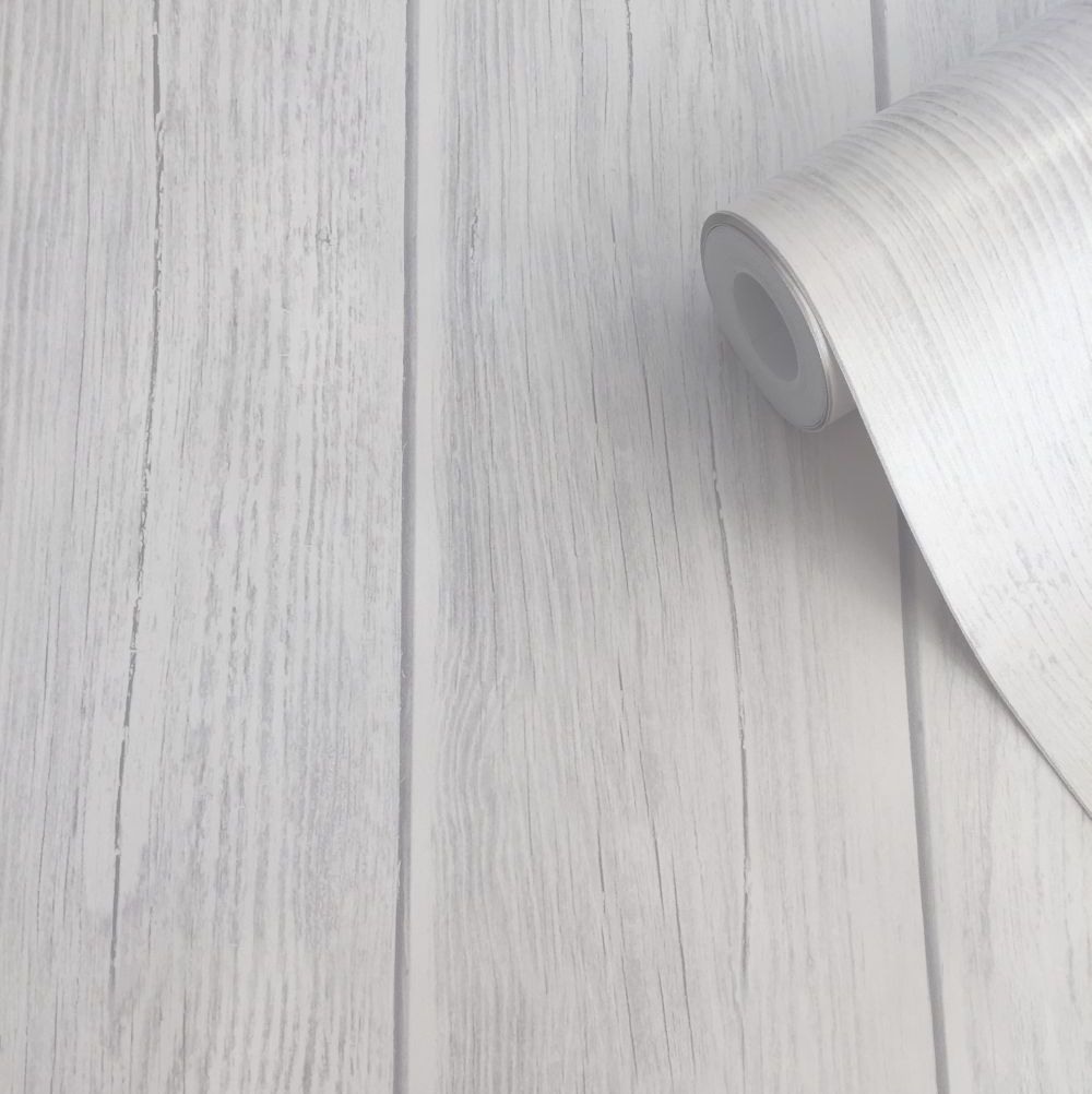 Metallic Wood Wallpaper - White - by Lipsy London