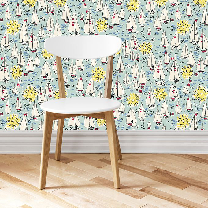 Mid Century Sailing Boats Wallpaper - Aqua - by The Vintage Collection