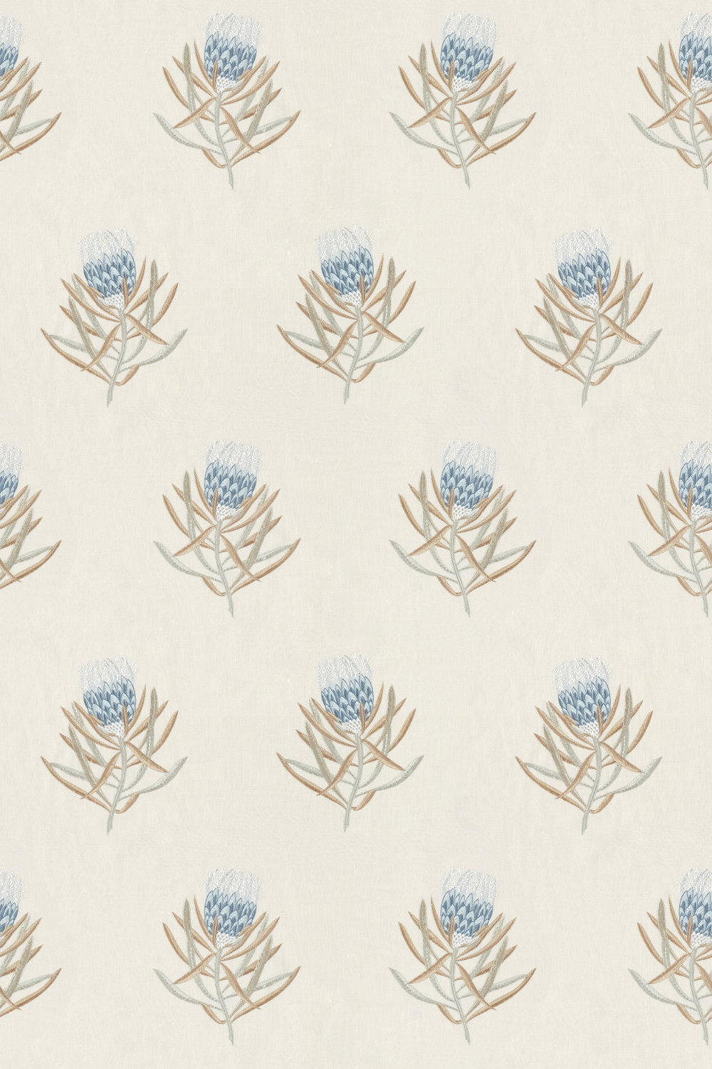 Protea Flower Fabric - China Blue / Linen - by Sanderson