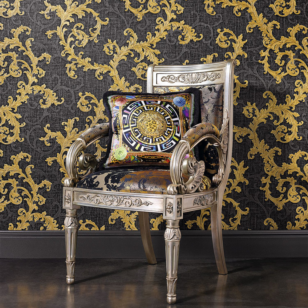 Baroque & Roll Wallpaper - Gold / Charcoal - by Versace
