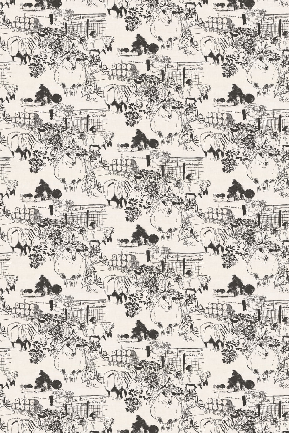 Linen Union Sheep 01 Fabric - Black / White - by Belynda Sharples
