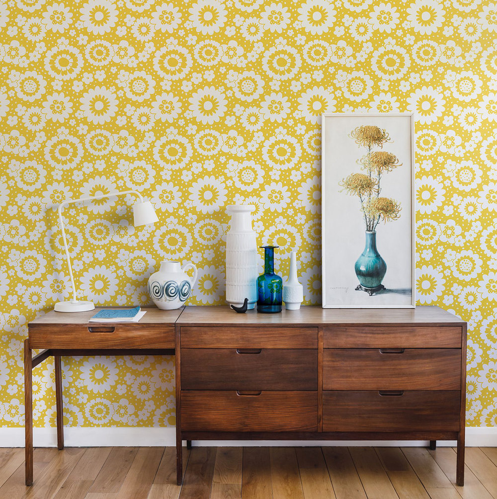 Mod Meadows Wallpaper - Buttercup Yellow - by Layla Faye