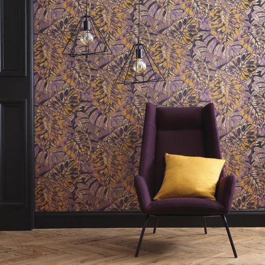 Leaves Wallpaper - Purple / Yellow - by Casadeco