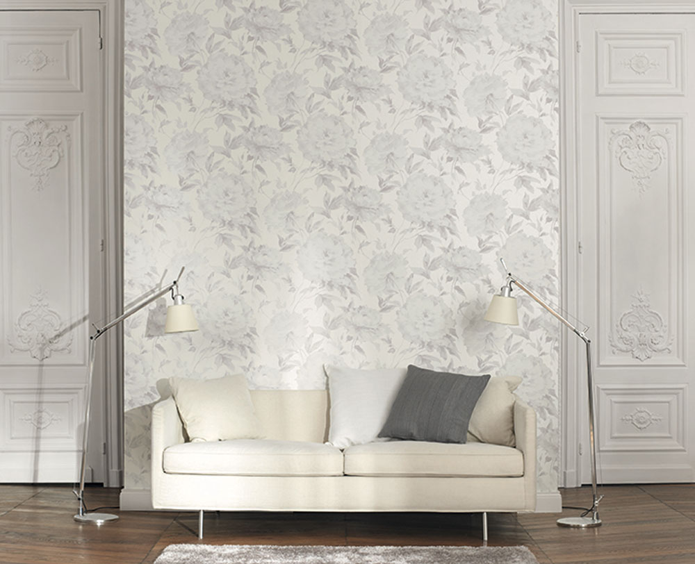Grande Fleur Wallpaper - White and Grey - by Casadeco