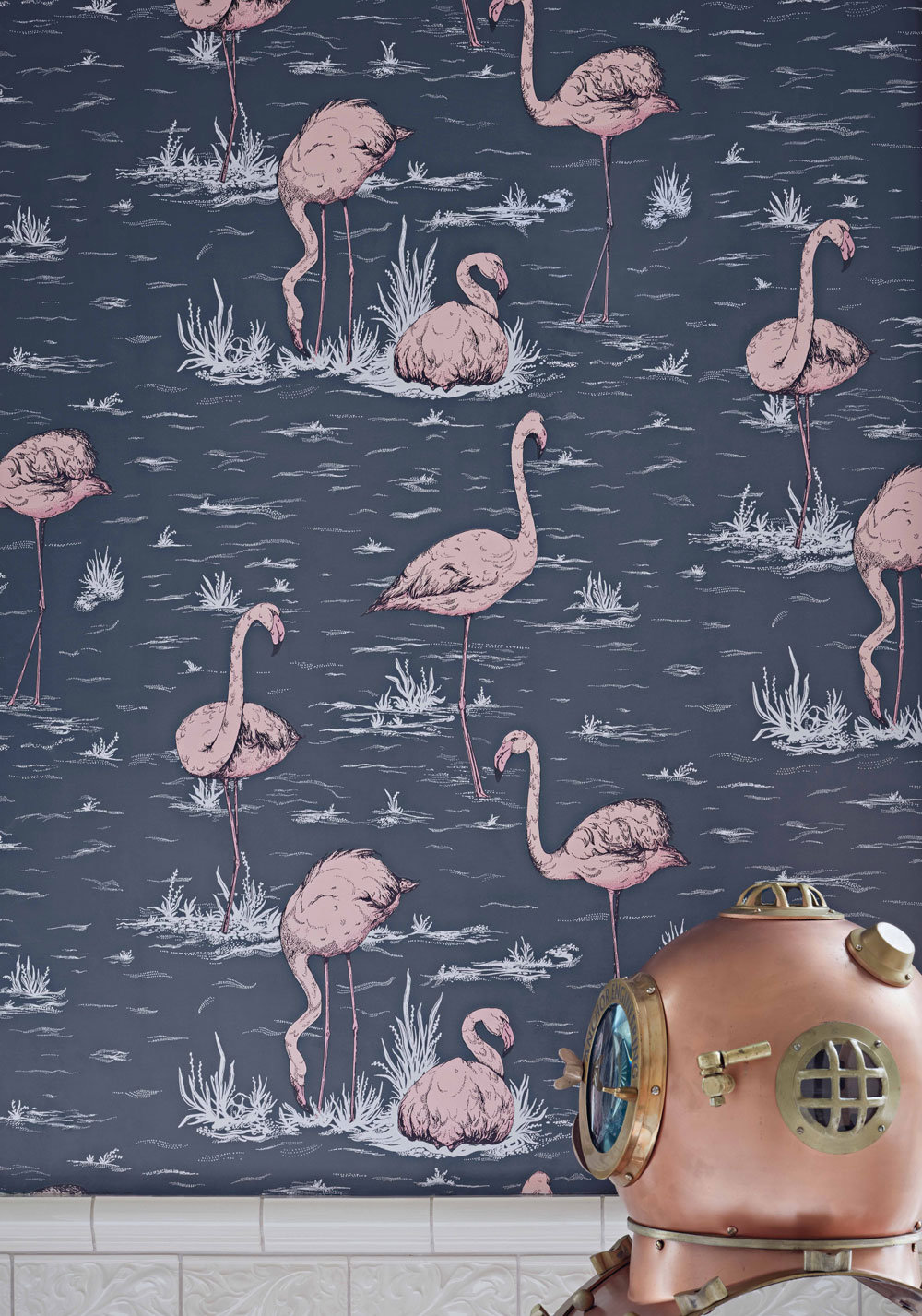 Flamingos Wallpaper - Alabaster Pink and Ink Blue - by Cole & Son