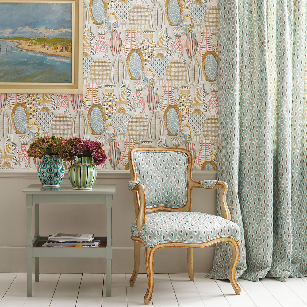 Collioure Wallpaper - Coral / Duck Egg / Gold - by Nina Campbell