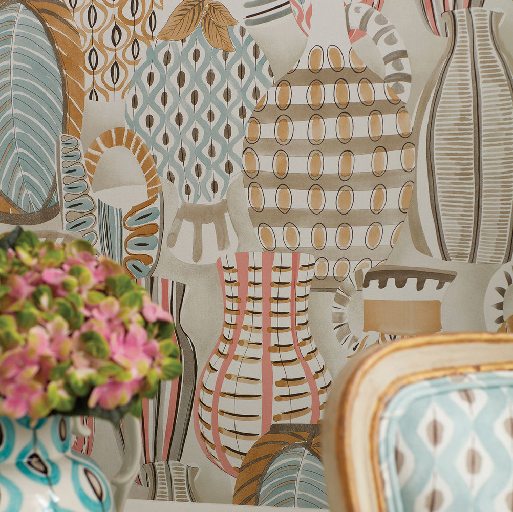Collioure Wallpaper - Coral / Duck Egg / Gold - by Nina Campbell