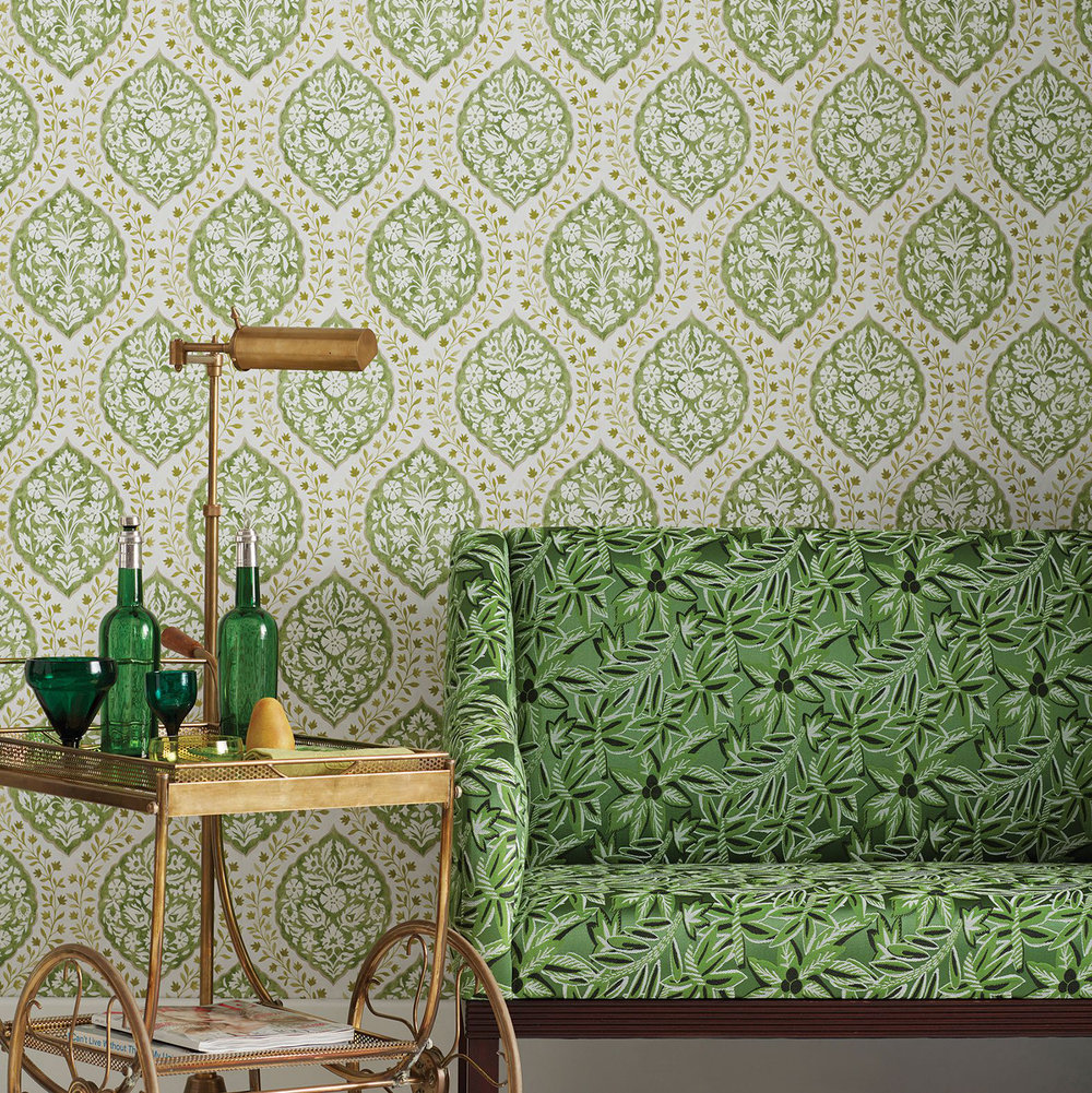 Marguerite Wallpaper - Green / Ivory - by Nina Campbell