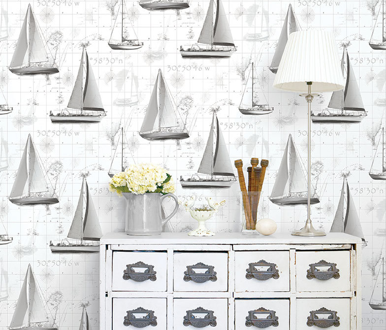 Boats Wallpaper - Black / Grey / Silver - by Galerie