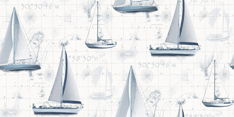 Galerie Nautical Boats Wallpaper Blue White Seagulls Birds Global Fusion
