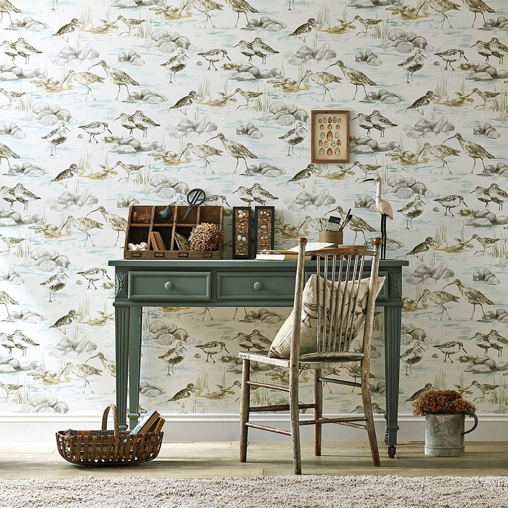 Estuary Birds Wallpaper - Mist / Ivory - by Sanderson