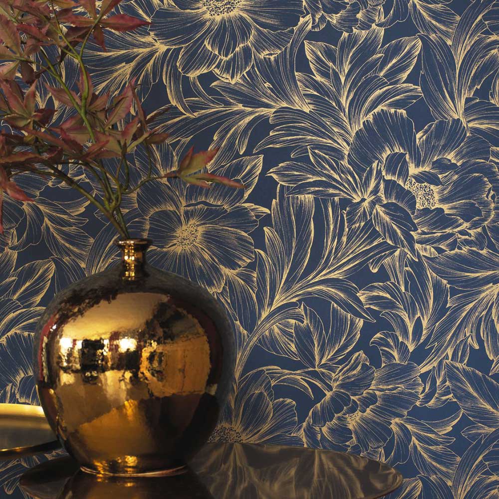 Monceau Wallpaper - Ink / Gold - by Casadeco