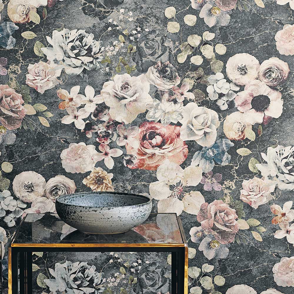 Marble Rose Wallpaper - Charcoal - by Jane Churchill
