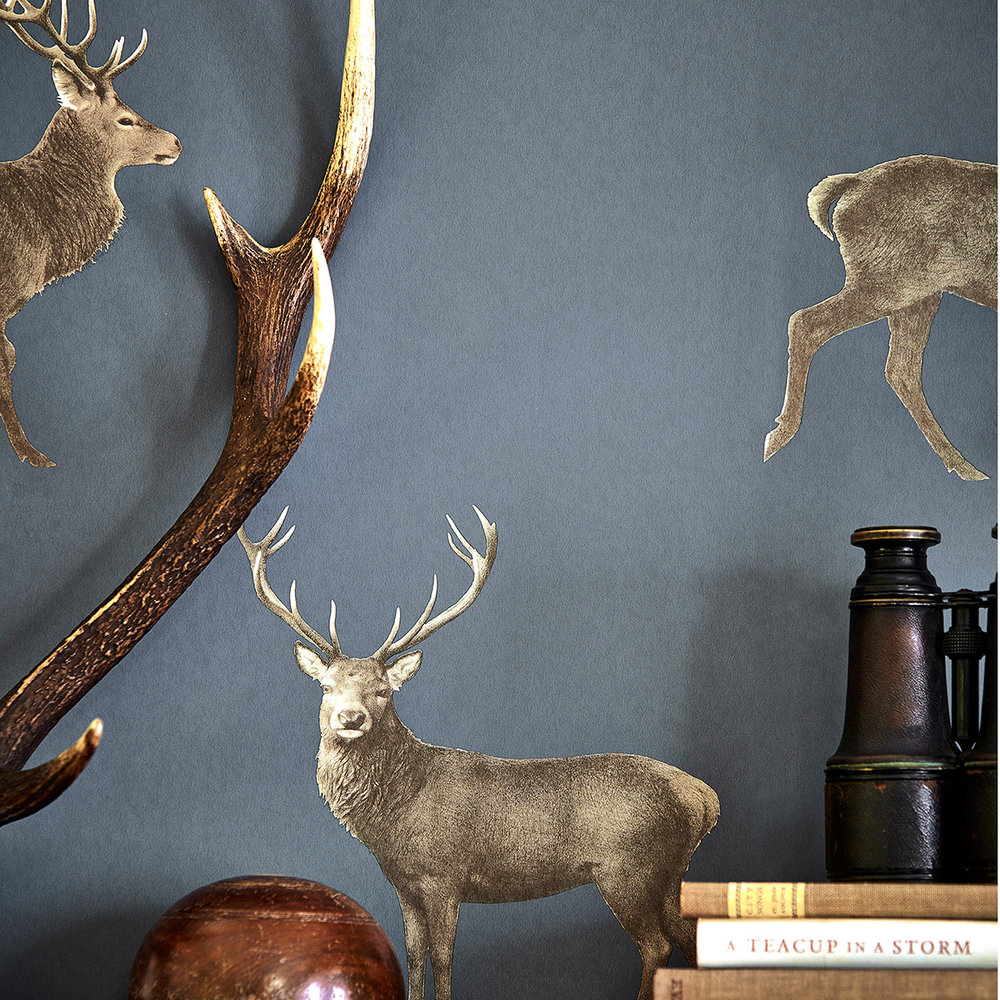 Evesham Deer Wallpaper - Indigo - by Sanderson