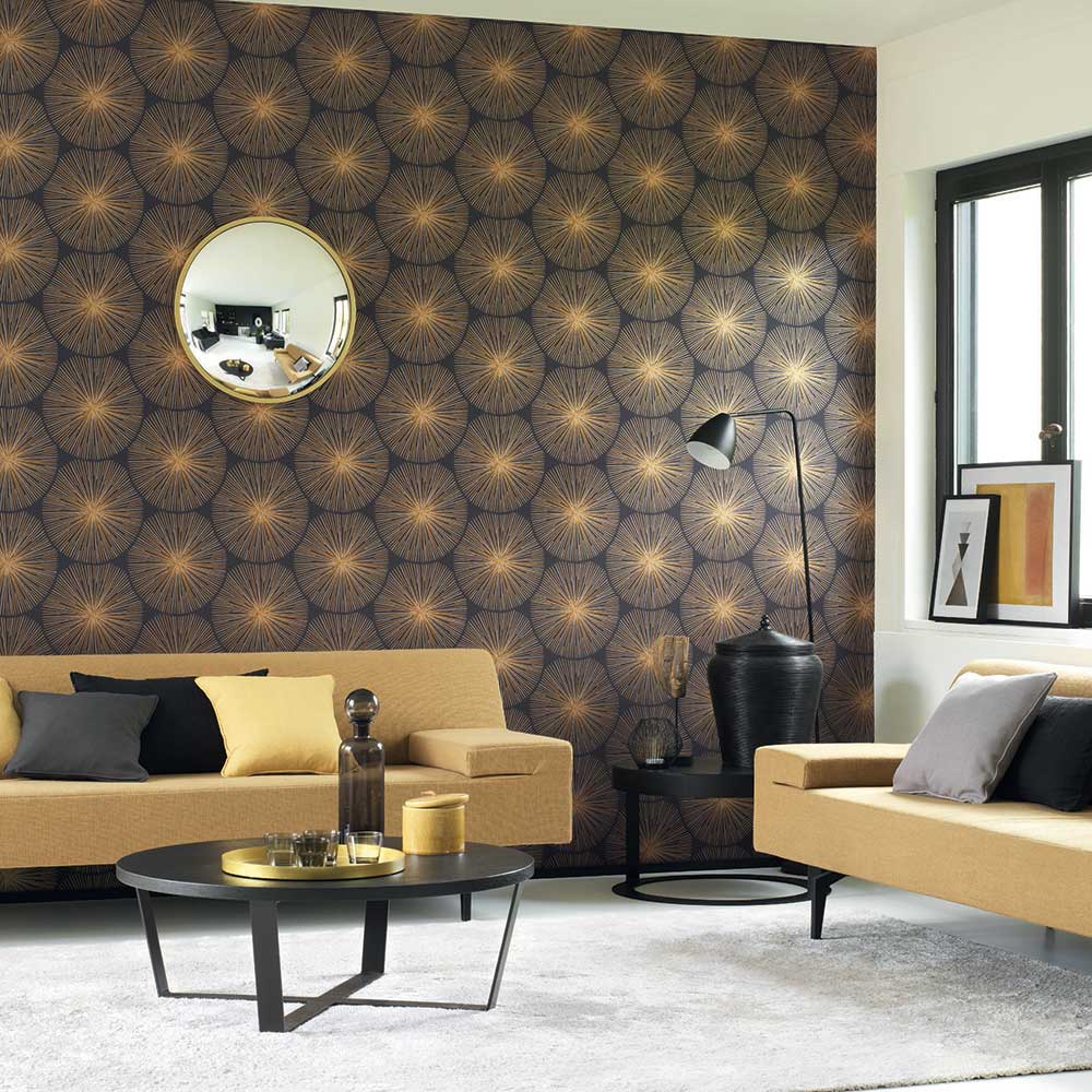 Eclat Wallpaper - Gold and Charcoal - by Casadeco