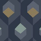 Hexacube Wallpaper - Blue / Gold - by Casadeco. Click for more details and a description.