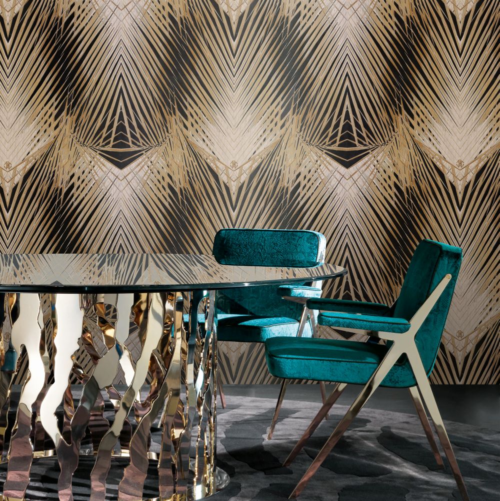 Geometric Palm Wallpaper - Black and Bronze - by Roberto Cavalli