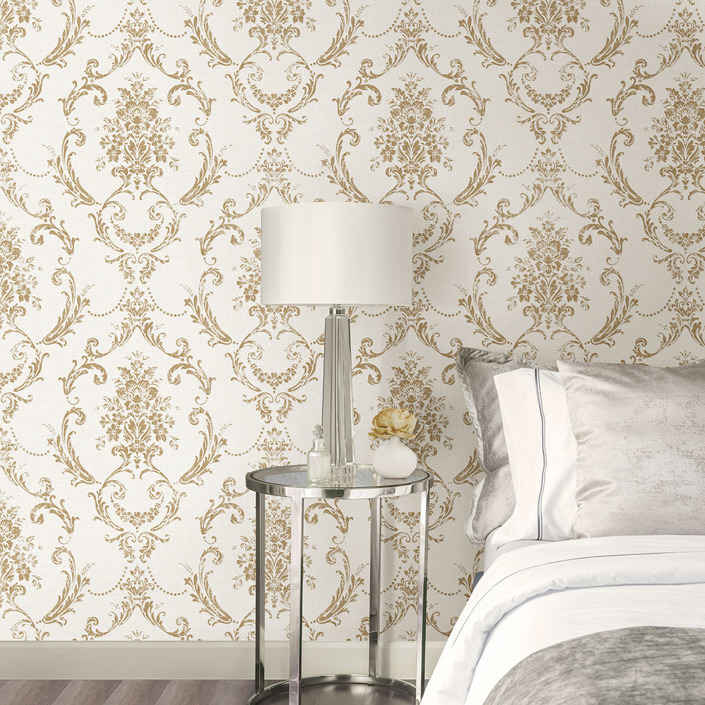 Linen Cameo Wallpaper - White / Gold - by Albany