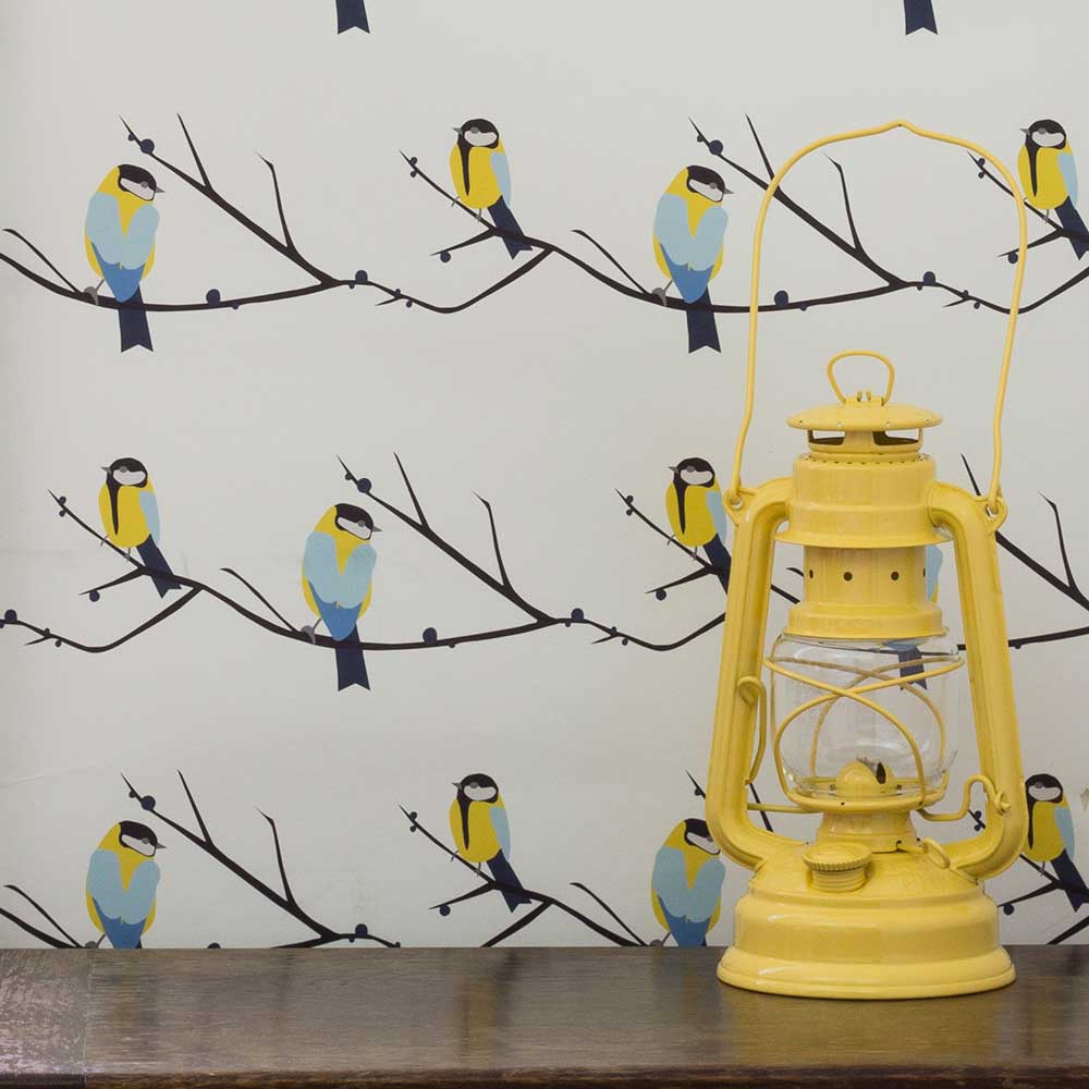 Juneberry and Bird Wallpaper - Blue / Yellow - by Lorna Syson