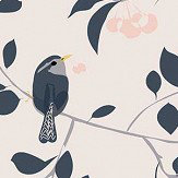Wren and Cherry Wallpaper - Pink / Navy - by Lorna Syson