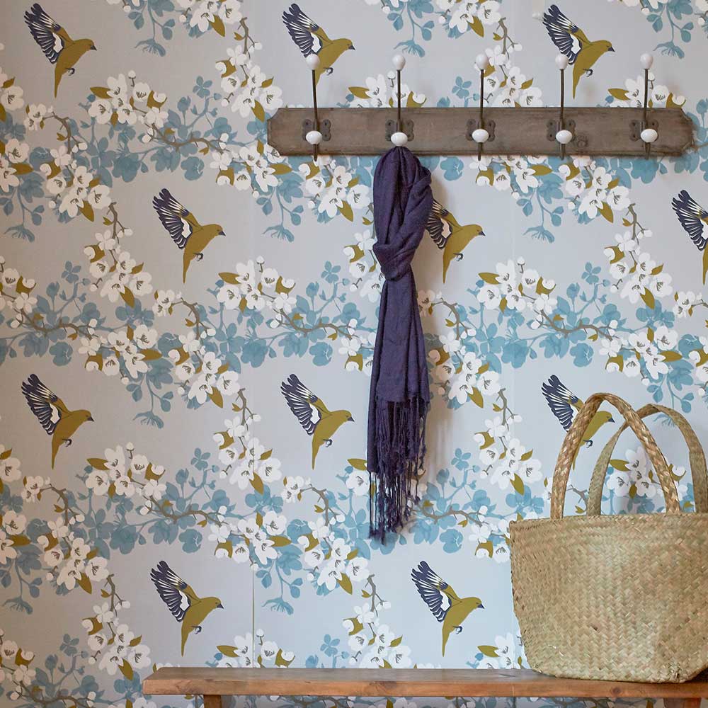 Greenfinch Wallpaper - Blue - by Lorna Syson