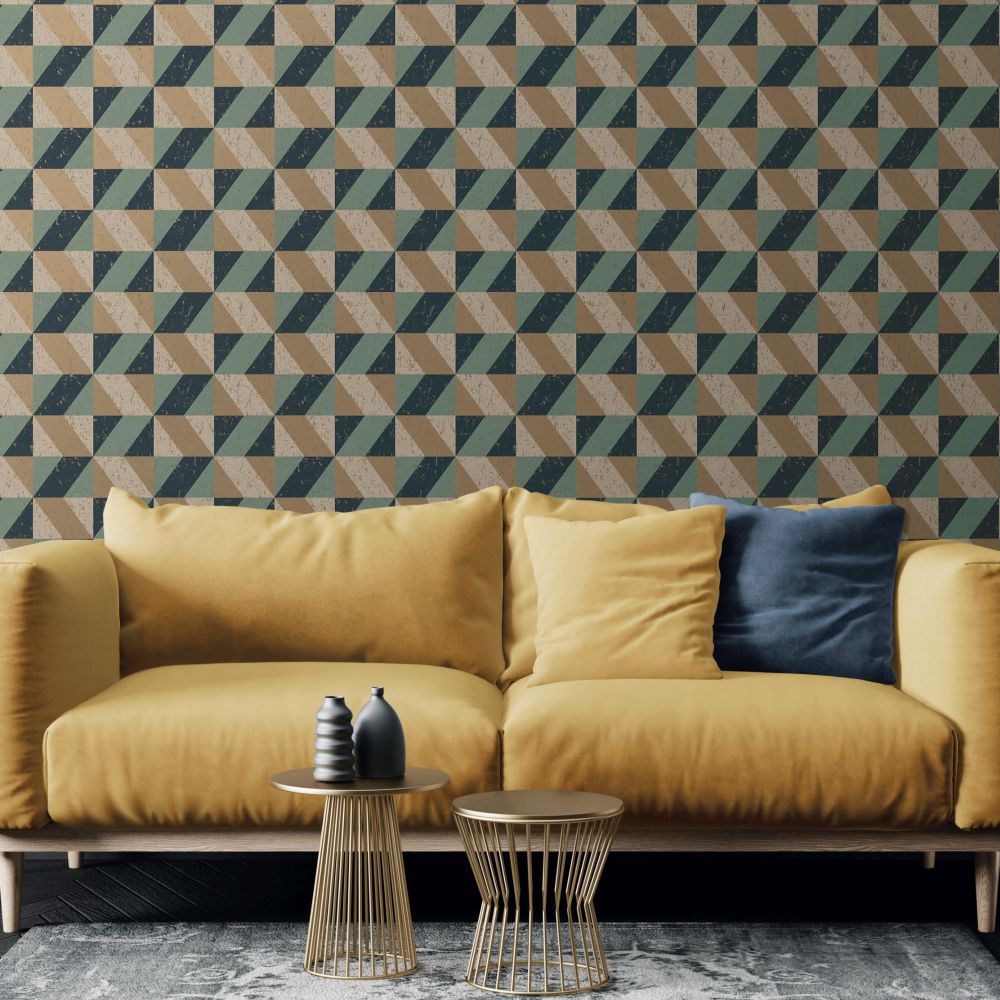 Cork Triangles Wallpaper - Blue and Gold - by Albany