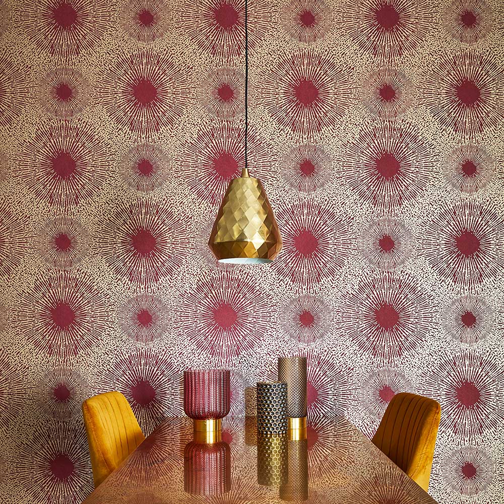 Perlite Wallpaper - Ruby and Antique Brass - by Harlequin