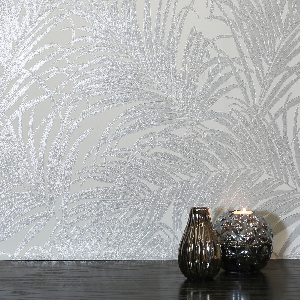 Palm Kiss Foil Wallpaper - Sliver / Grey - by Arthouse
