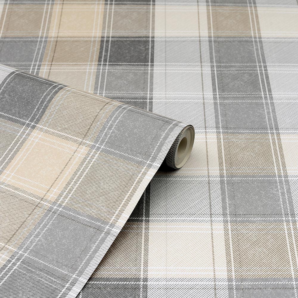 Arthouse Country Check Tartan Wallpaper in Denim Ochre Grey and Pink/Grey 