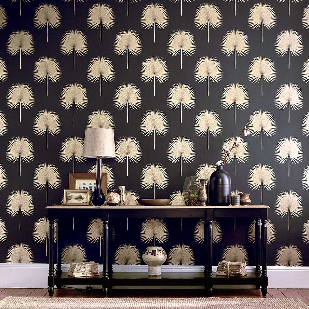 Fan Palm Wallpaper - Charcoal / Gold - by Sanderson