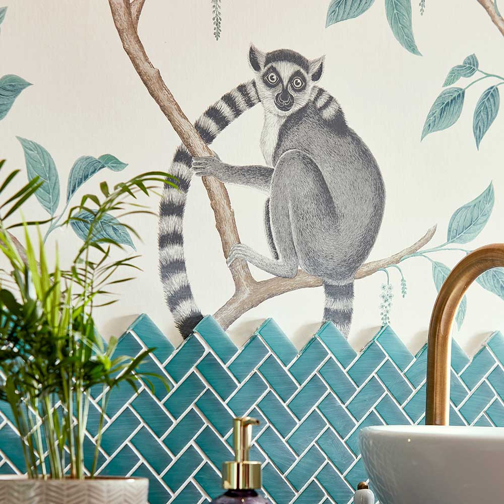Ringtailed Lemur Wallpaper - Stone / Eucalyptus - by Sanderson