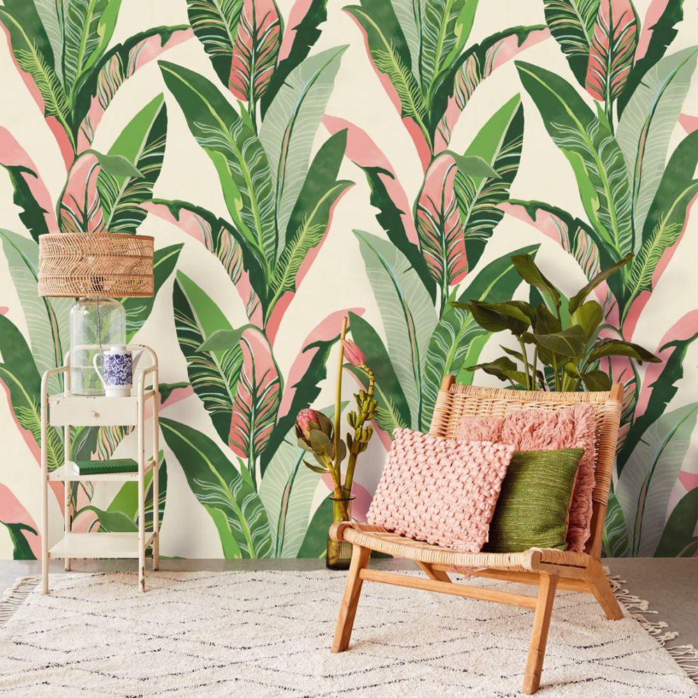 Jungle Palm Mural - Green & Pink - by Eijffinger