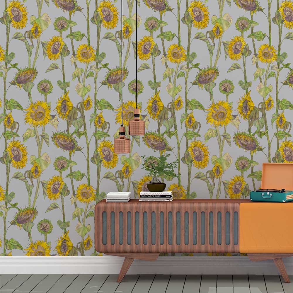Sunflowers Wallpaper - Grey - by Petronella Hall