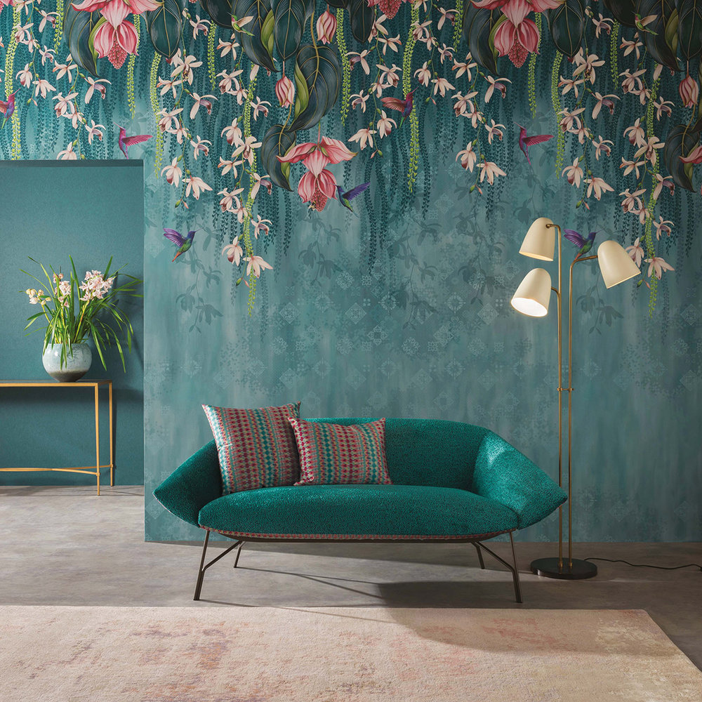 Trailing Orchid Mural - Teal / Pink - by Osborne & Little