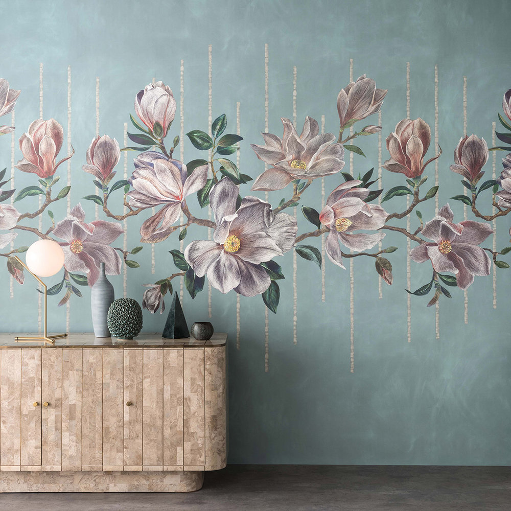 Magnolia Frieze Mural - Aqua / Ochre - by Osborne & Little