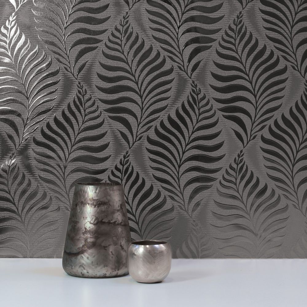Leaf Foil Wallpaper - Charcoal - by Arthouse