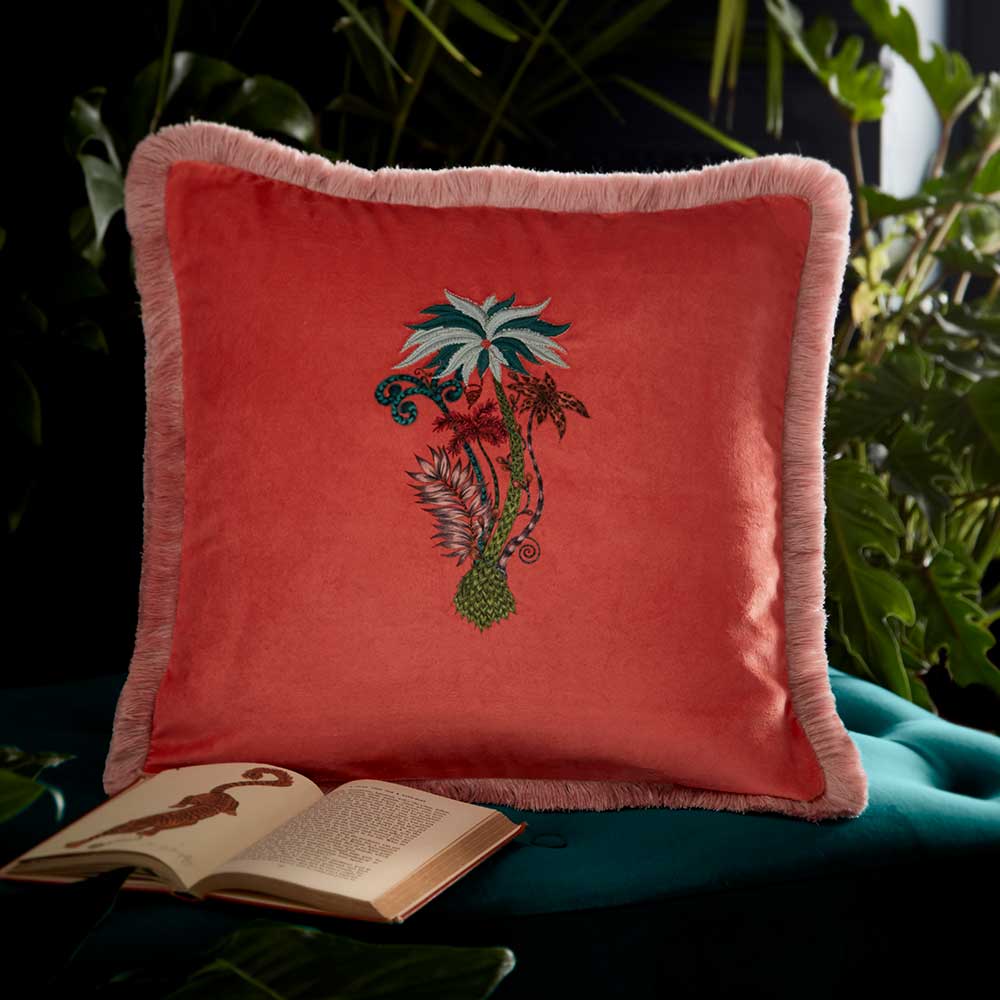 Jungle Palms Square Cushion - Coral - by Emma J Shipley