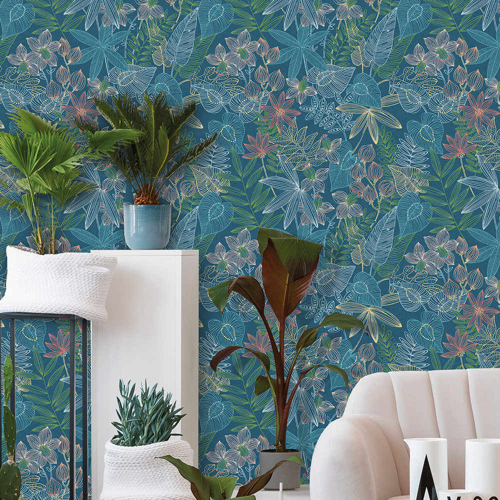 Exotic Leaves Wallpaper - Peacock Blue - by Albany