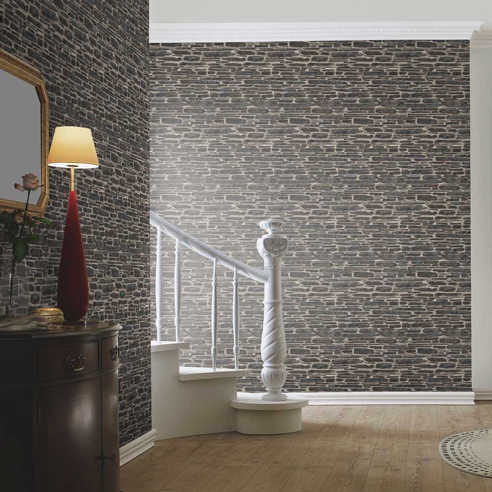 Brick Effect Wallpaper - Charcoal Grey - by Albany