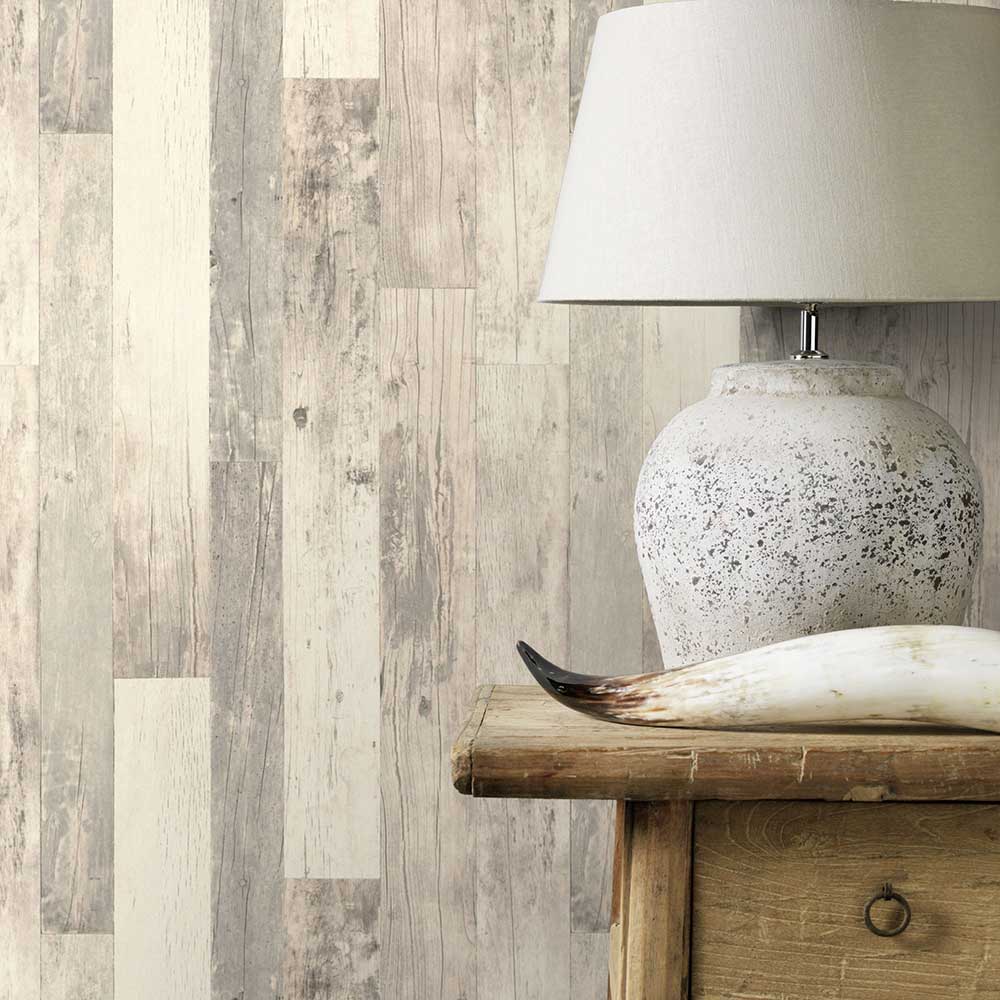 Country Wood Wallpaper - White - by Albany