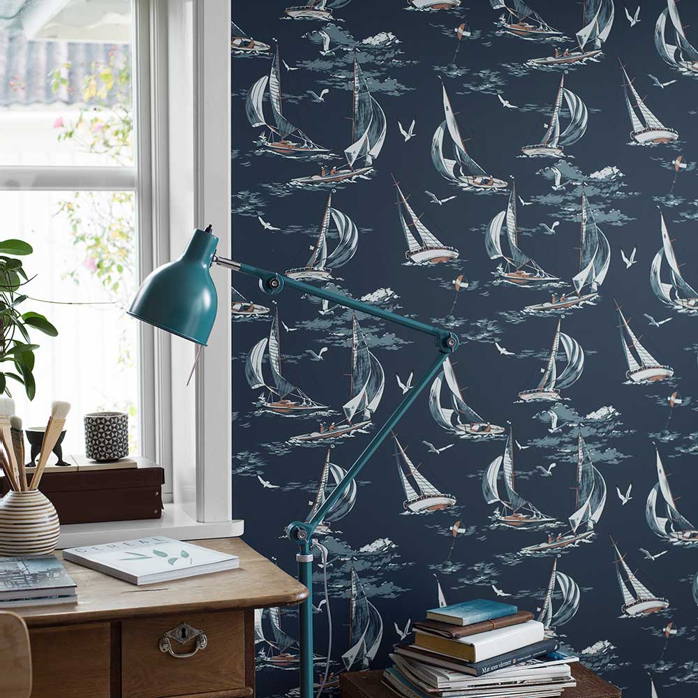 Sailboats Wallpaper - Dark Blue - by Boråstapeter