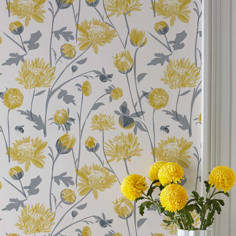 Chrysanthemum Wallpaper - Yellow - by Lorna Syson