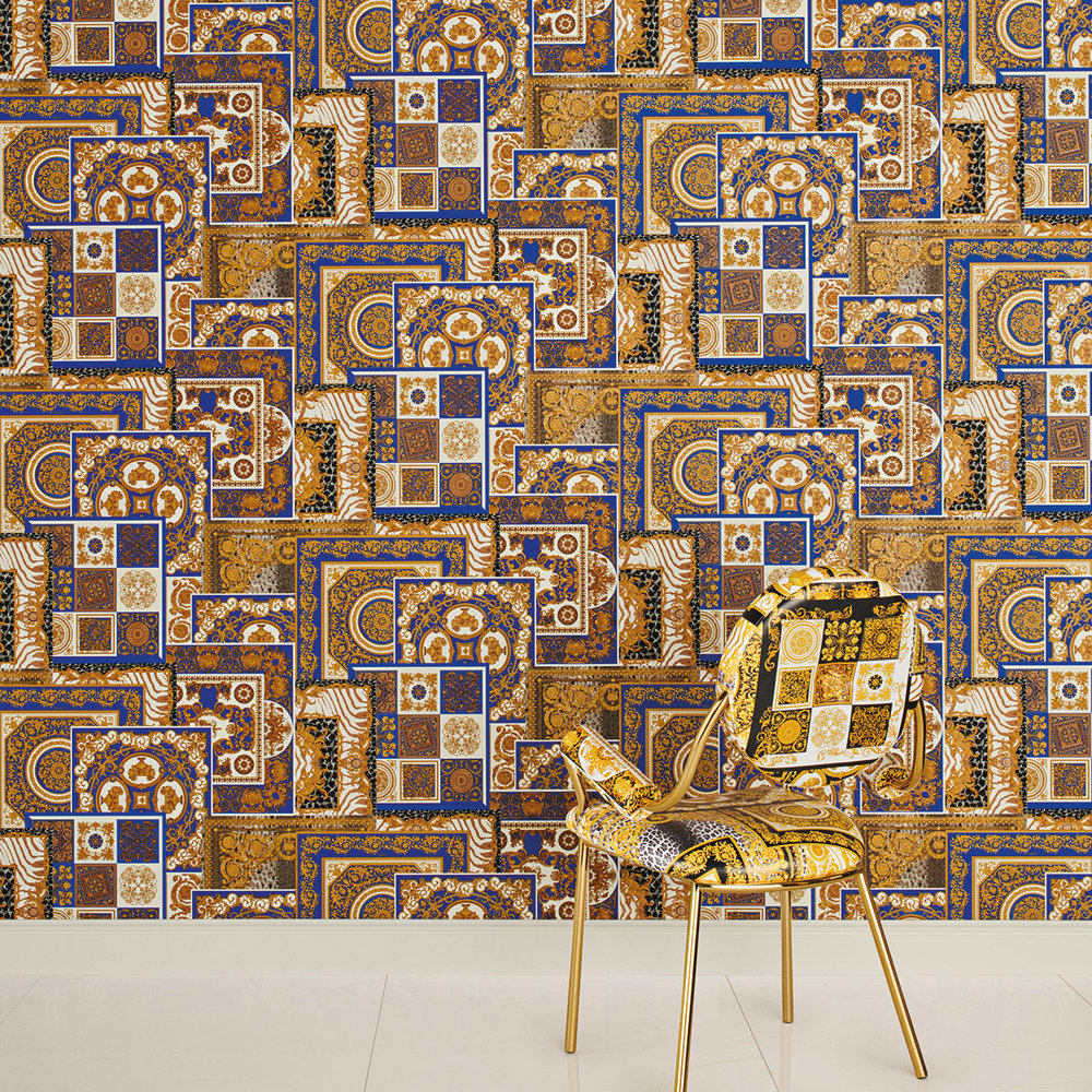 Decoupage Wallpaper - Blue and Gold - by Versace