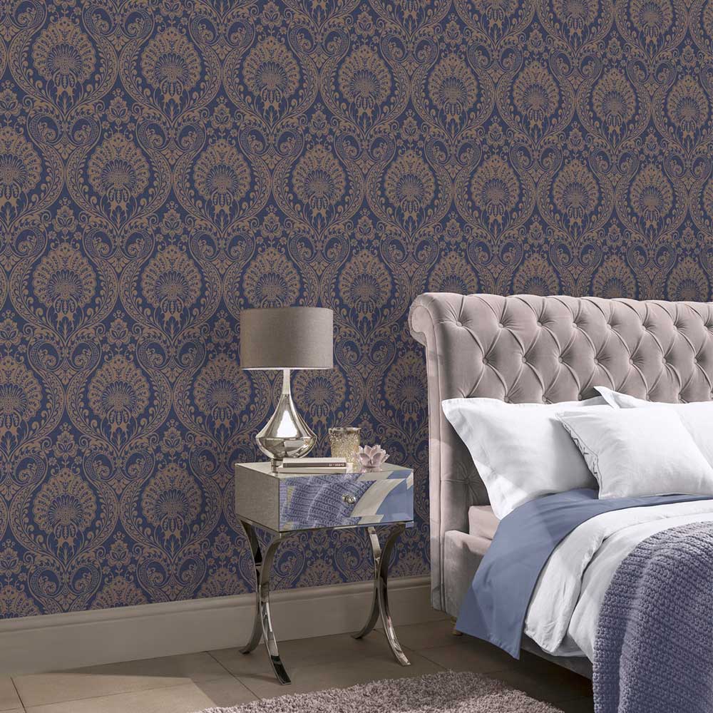 Luxe Damask Wallpaper - Navy - by Arthouse