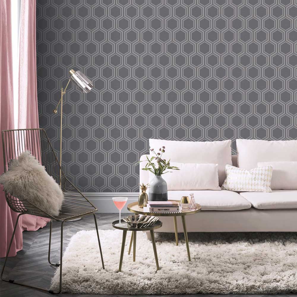 Luxe Hexagon Wallpaper - Gunmetal - by Arthouse
